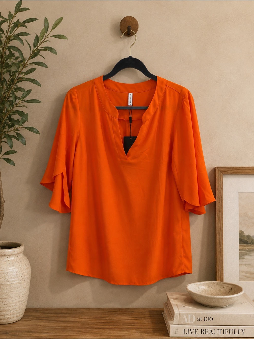 NWT Funlingo Bright Orange Women's Split-Sleeve Blouse Sz L